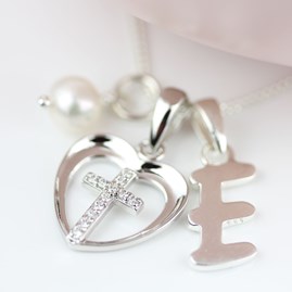 Personalised Child's Christening Cross In Heart Pendant Christening jewellery christening gift for girls heart pendant pearl silver cross heart letter
