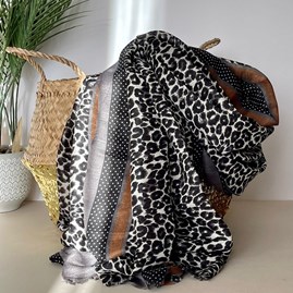 Leopard Print Border Scarf in Grey and Brown