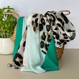 Leopard Print Scarf with Block Border in Green