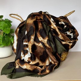 Leopard Print Scarf with Contrast Border in Khaki