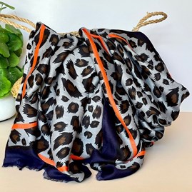 Gifts For Women Scarves And Accessories Leopard Print Scarf with Double Navy And Orange Border