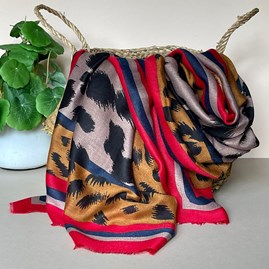 Leopard Print Scarf with Red and Mustard Borders Gifts For Women Scarves And Accessories Leopard Print Scarf with Red and Mustard Borders