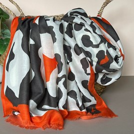 Gifts For Women Scarves And Accessories Leopard Print Splodge Scarf in Charcoal Orange Border