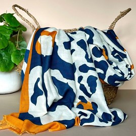 Gifts For Women Scarves And Accessories Leopard Print Splodge Scarf in Navy Blue Yellow Border