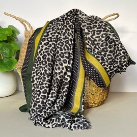 Light Grey and Green Leopard Print Border Scarf