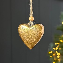 Mango Wood & Enamel Gold Heart Hanging Decoration Christmas Hanging Decorations Christmas Gifts Wooden Hanging Enamel Heart In Gold