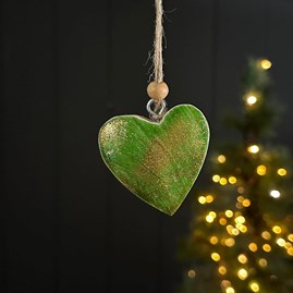 Mango Wood & Enamel Green Heart Hanging Decoration Christmas Hanging Decorations Christmas Gifts Wooden Hanging Enamel Heart In Green