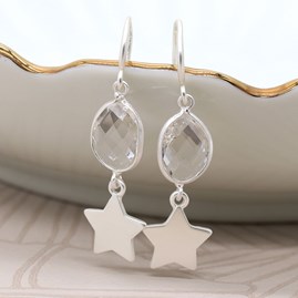Matt Finish Silver Plated Star and Crystal Drop Earrings