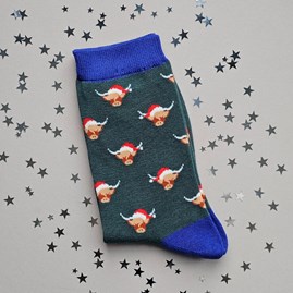 Men's Bamboo Christmas Highland Cows Socks in Green Men's Christmas Socks Xmas Festive Socks Mr Sparrow Bamboo Socks Clothing Highland Cow