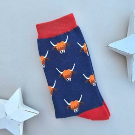 Men's Bamboo Highland Cows Socks in Navy Blue Men's socks father's day socks bamboo socks highland cow navy blue one size