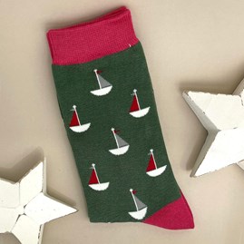 Men's Bamboo Little Boats Socks In Hunter Green Men's socks father's day socks bamboo socks little boats hunter green one size