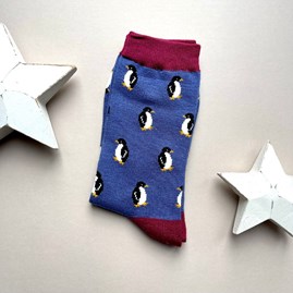 Men's socks father's day socks bamboo socks little penguins denim blue one size