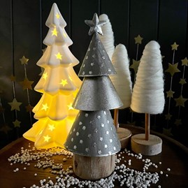 Metal Silver Cone Tree on Log Decoration