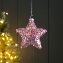 Christmas Decorations Festive Gifts Hanging Glass Sequin Star Pink Star Tree Decoration