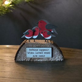 Robins Sat on a Wooden Block Christmas Table Decoration