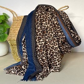 Neutral and Blue Leopard Print Border Scarf Neutral and Blue Leopard Print Border Scarf