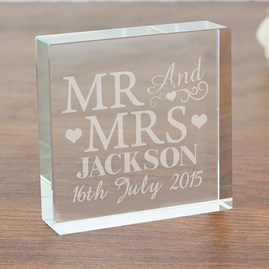 Personalised Crystal Message Block 'Mr And Mrs' personalised wedding gift
