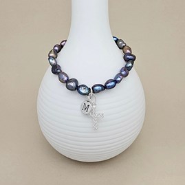 Personalised Black Pearl Silver Cross Bracelet