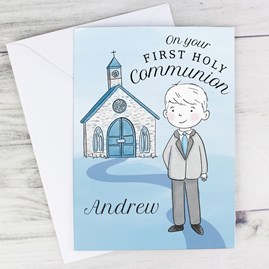 Personalised Boys First Holy Communion Card Greetings Card Blue Church Design