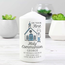 Personalised First Holy Communion Gifts Blue Boys Design Tall Church Candle Pillar Candle
