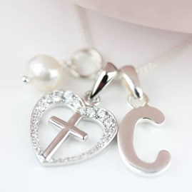 Personalised Child's Silver Christening Cross Pendant Christening jewellery christening gift for girls christening cross pearl heart personalised letter