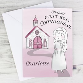Personalised Girls First Holy Communion Card Greetings Card Pink Church Design