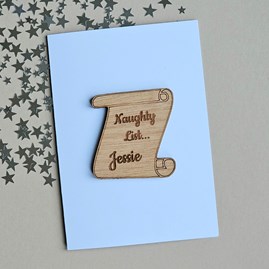 Personalised 'Naughty List' Wooden Token and Card Handmade Christmas Cards Festive Gifts Christmas Gifts Sentiment Keepsake Token