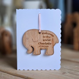 Personalised New Baby Hanging Elephant Decoration Card Personalised New Baby Hanging Elephant Decoration Card