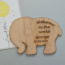 Personalised New Baby 'Welcome' Elephant Decoration Personalised New Baby Gifts Wooden Keepsake Sentiment Gifts