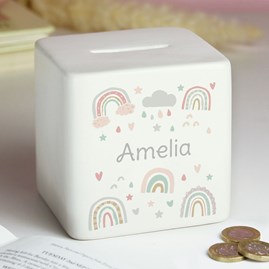 Personalised Rainbow Ceramic Square Money Box personalised gift for newborn personalised gift for new baby