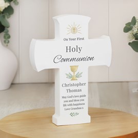Personalised White Wooden First Holy Communion Cross Hanging Standing Keepsake Cross