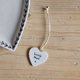 Porcelain Hanging Heart 'Lovely Mum' Home Decorations Homeware Gifts Sentiment Keepsake Gifts Porcelain Gifts Hanging Heart Lovely Mum