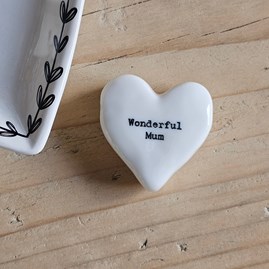 Porcelain Heart Token 'Wonderful Mum' Home Decorations Homeware Gifts Sentiment Keepsake Gifts Porcelain Gifts Heart Token Wonderful Mum