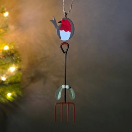 Robin on Garden Fork Hanging Christmas Decoration Robin Sat on Garden Fork with Mistletoe Attached Hanging Christmas Decoration