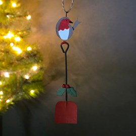 Robin Sat on Garden Spade with Holly Attached Hanging Christmas Decoration
