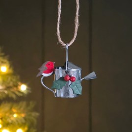 Robin On Watering Can with Holly Hanging Decoration Festive Decorations Quirky Novelty Christmas Tree Decoration Metal Hanging Robin Bauble