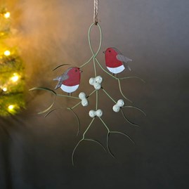 Robins on a Hanging Piece of Mistletoe Christmas Decoration
