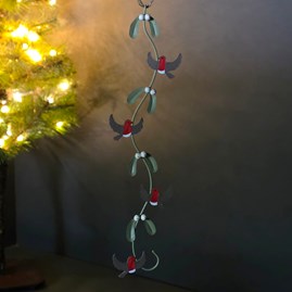 Robins On A Long Piece of Hanging Mistletoe Christmas Decoration