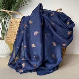 Gifts For Women Scarves And Accessories Rose Gold Bee Print Scarf in Navy Blue Super Soft