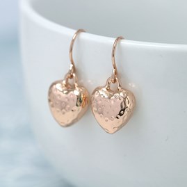 Rose Gold Plated Hammered Heart Drop Earrings