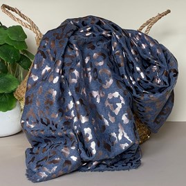 Rose Gold Leopard Print Scarf in Denim Blue Gifts For Women Scarves And Accessories Rose Gold Leopard Print Scarf in Denim Blue