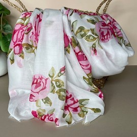 Rose Print Scarf in White and Fuchsia Gifts For Women Scarves And Accessories Rose Print Scarf in White And Fuchsia Bold Elegant Print