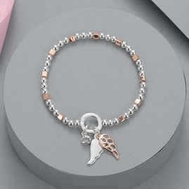 Round and Square Bead Bracelet with Angel Wings and Stone Charm Round and Square Bead Bracelet with Angel Wings and Stone Charm
