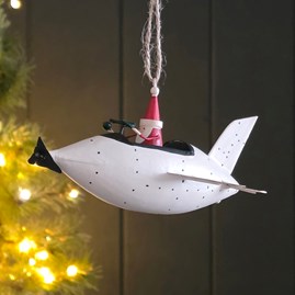 Santa in a White Plane Hanging Christmas Decoration Festive Decorations Quirky Novelty Christmas Tree Decoration Metal Hanging Santa Bauble