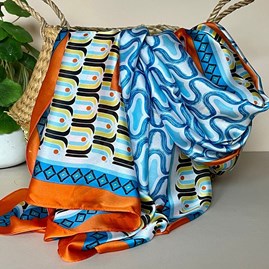 Gift For Women Scarves And Accessories Silky Multicolour Retro Print Scarf with Bright Orange Borde