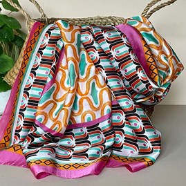 Silky Multicolour Retro Print Scarf with Bright Pink Border Gifts For Women Scarves And Accessories Silky Multicolour Retro Print Scarf with Bright Pink Border