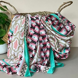 Silky Multicolour Retro Print Scarf with Jade Green Border Gifts For Women Scarves And Accessories Silky Multicolour Retro Print Scarf with Jade Green Border