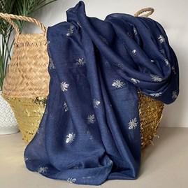 Gifts For Women Scarves And Accessories Silver Bee Print Scarf in Navy Blue Elegant