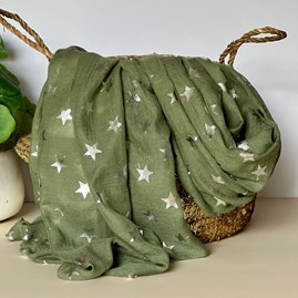 Silver Glitter Stars Scarf in Olive Green Gifts For Women Scarves And Accessories Silver Glitter Star Scarf in Olive Green Soft Elegant