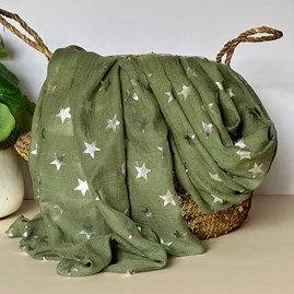 Silver Glitter Stars Scarf in Olive Green